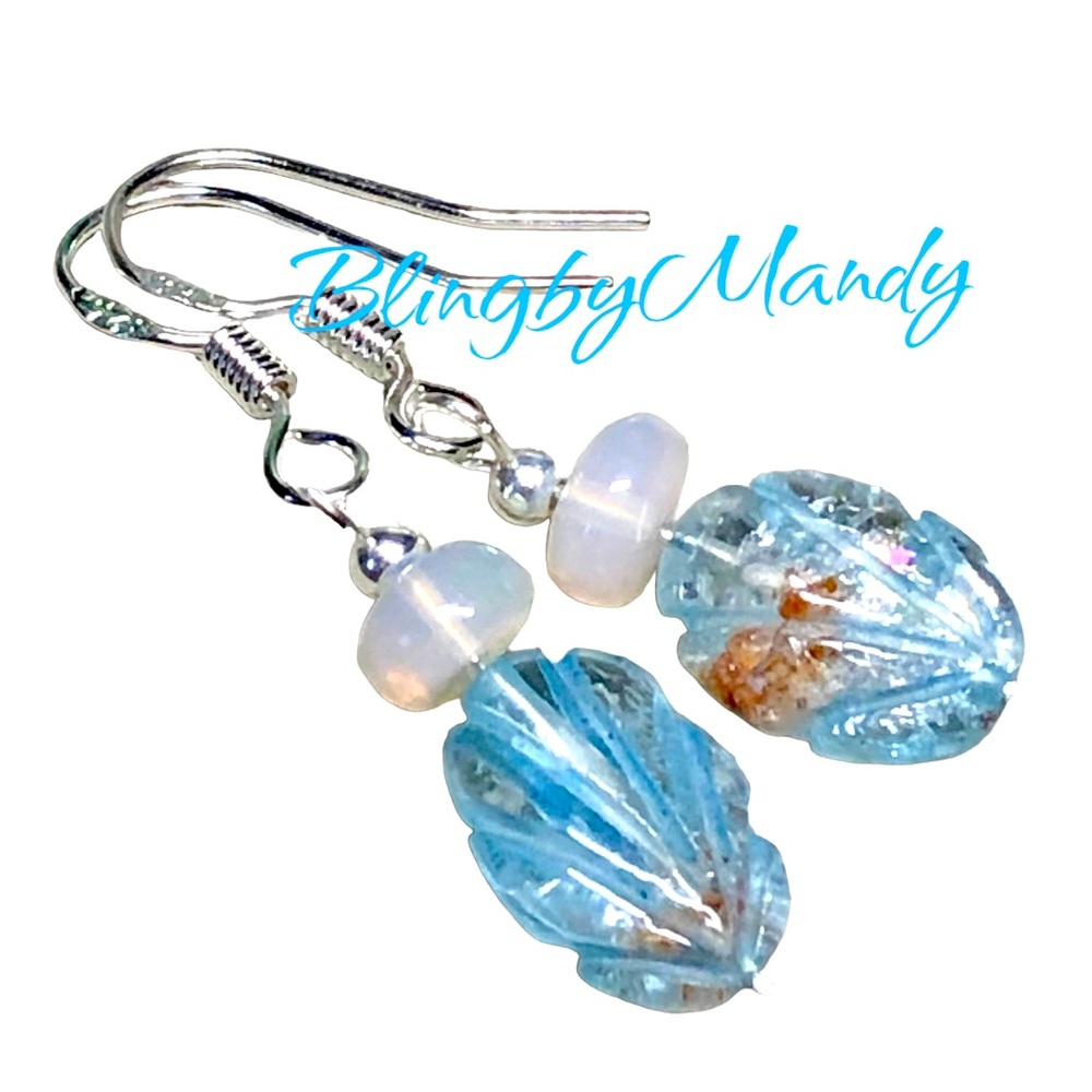 🦋genuine carved Aquamarine and Ethiopian opal sterling earrings